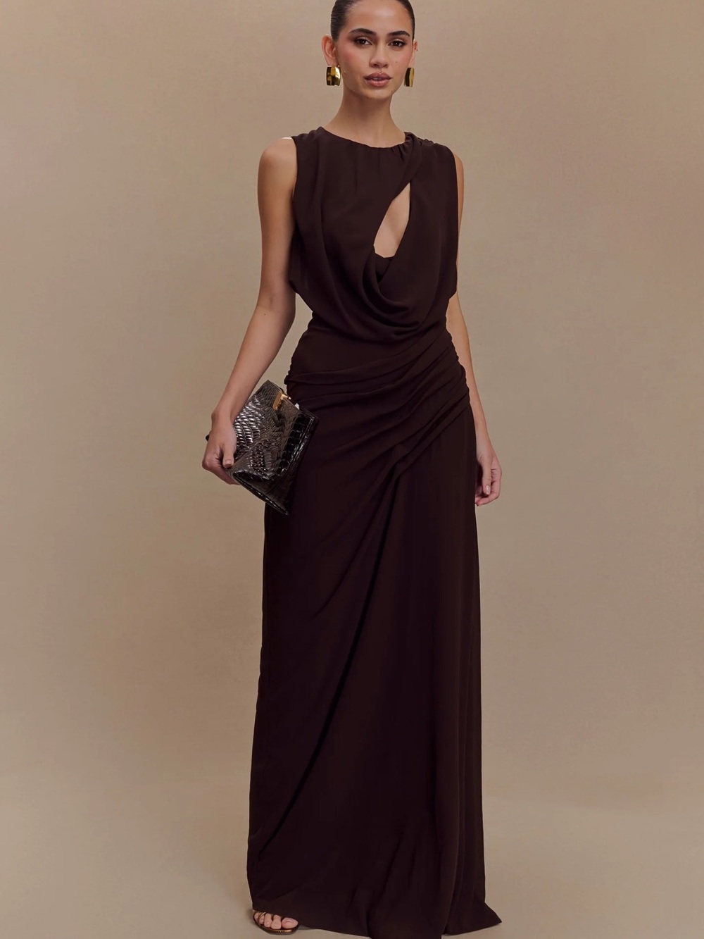 Meshki Cacao Brown Chiffon Maxi Dress